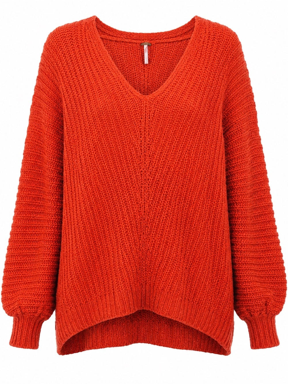 Free People Vibrant Orange V-Neck Chunky Knit Sweater